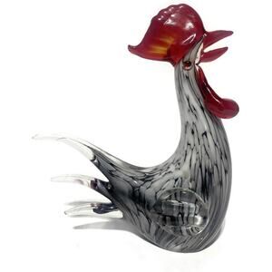 Murano Style Art Glass Rooster 8.5" Black and Red Vintage Decor